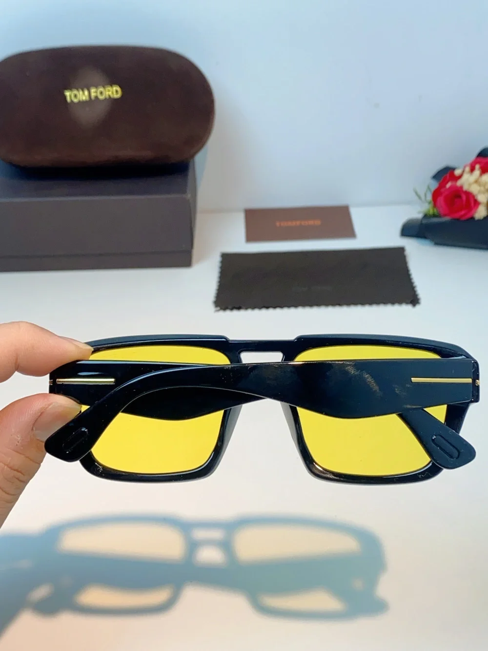 Tom Ford T-shaped Square-Frame Yellow-Lens Sunglasses